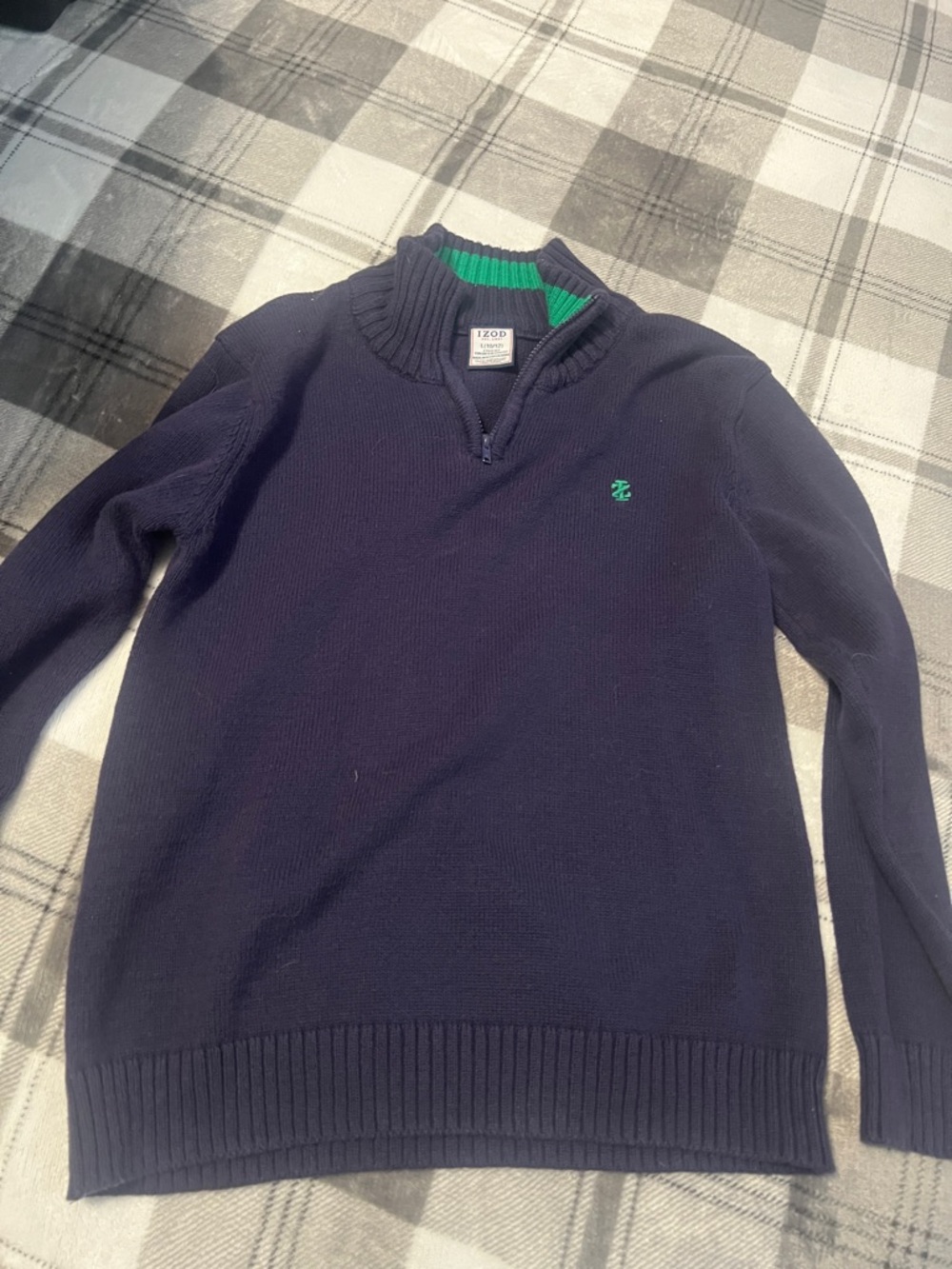 Izod Navy Half-Zip Sweater with Green Logo and Collar Trim